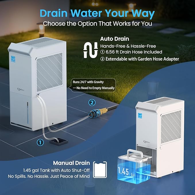 4,500 Sq.Ft Most Efficient Energy Star 2024 Dehumidifier,Vellgoo 52 Pint/Day Dehumidifier for Basement with Drain Hose, Smart Humidity Control, for Home, Bedroom, Bathroom, Garage