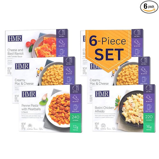 HMR Pasta Classics Entree Bundle 1 ea Penne Pasta w/Meatballs, 1 ea Rotini Chicken Alfredo, 2 ea Cheese & Basil Ravioli, and 2 ea Creamy Mac & Cheese, 7-8 oz, 6 Ready to Eat Meals-FlexoryFit