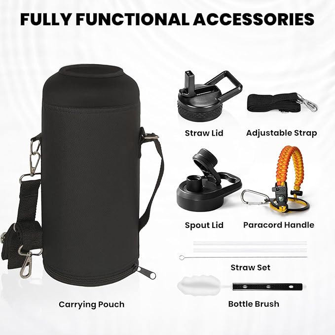 Insulated Water Bottle 87 oz, Triple Wall Vacuum Stainless Steel (Cold for 48 Hrs), Leak Proof & Non-BPA, Modern Water Flask Jug with Paracord Handle & Straw Spout Lids, Ombre Orange-FlexoryFit