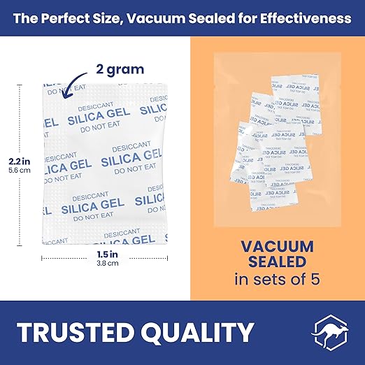 Wallaby 2 gram (500 Packets) Food Safe Pure White Silica Gel Desiccant Dehumidifier Packs - Rechargeable & Coated Moisture Absorbers - Protects Against Moisture Damage - (Packed in 100x Sets of 5)