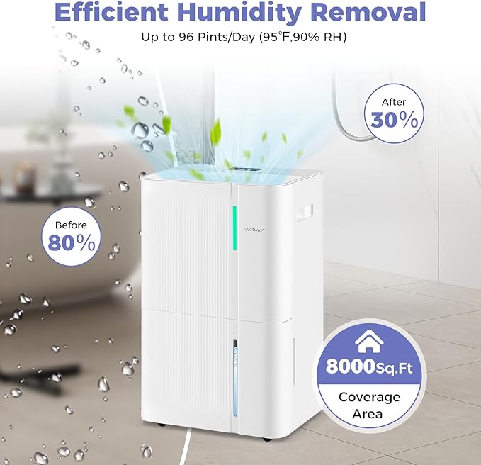 COSTWAY 96 Pints Dehumidifier for Basement, 8000 Sq.Ft Dehumidifier with 24H Timer, 3-Color Indicator, 1.2 Gallon Water Tank, Drain Hose & Wheels for Bathroom, Bedroom