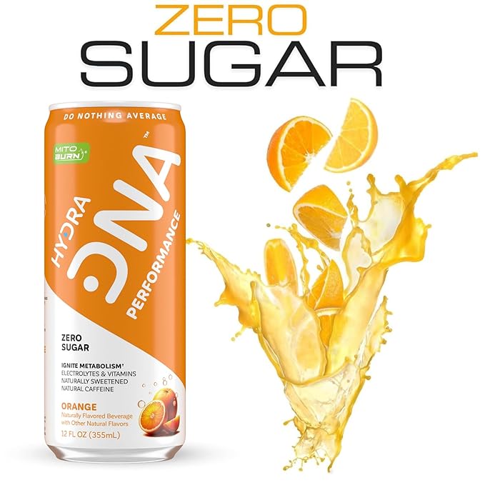HYDRADNA- Clean Performance Drink, Zero Sugar | For Natural Fuel, Alertness, Boost, Stamina,120 mg Organic Caffeine, Natural Flavors, Zero Sucralose, Clean Ingredients (12 Pack) (12 Pack, Orange)-FlexoryFit