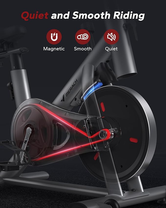 MERACH Exercise Bike, Brake Pad Stationary Bike with Exclusive App, Low Noise Indoor Cycling Bike with 300lbs Weight Capacity, Tablet Mount and Fitness Courses for Weight Loss-FlexoryFit