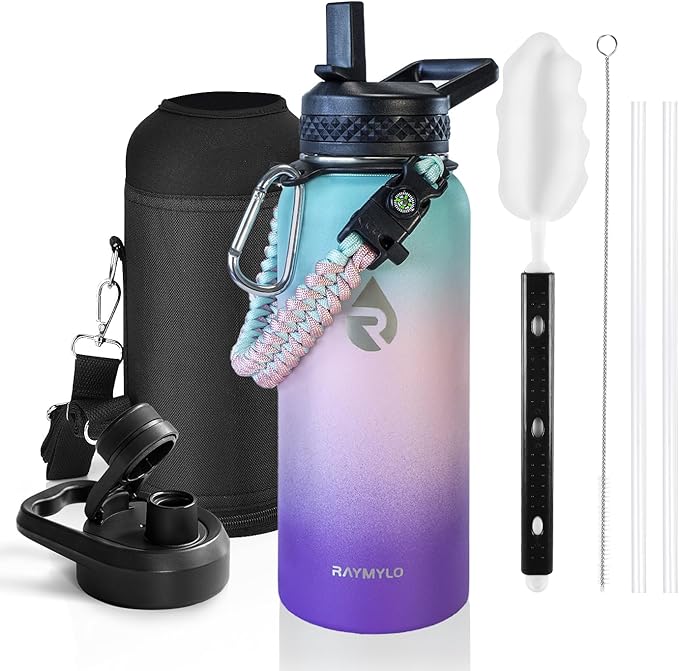 Insulated Water Bottle 32 oz, Triple Wall Vacuum Stainless Steel (Cold for 48 Hrs), Leak Proof & Non-BPA, Modern Water Flask Jug with Paracord Handle & Straw Spout Lids, Hydrangea-FlexoryFit