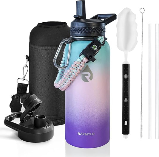 Insulated Water Bottle 32 oz, Triple Wall Vacuum Stainless Steel (Cold for 48 Hrs), Leak Proof & Non-BPA, Modern Water Flask Jug with Paracord Handle & Straw Spout Lids, Hydrangea-FlexoryFit