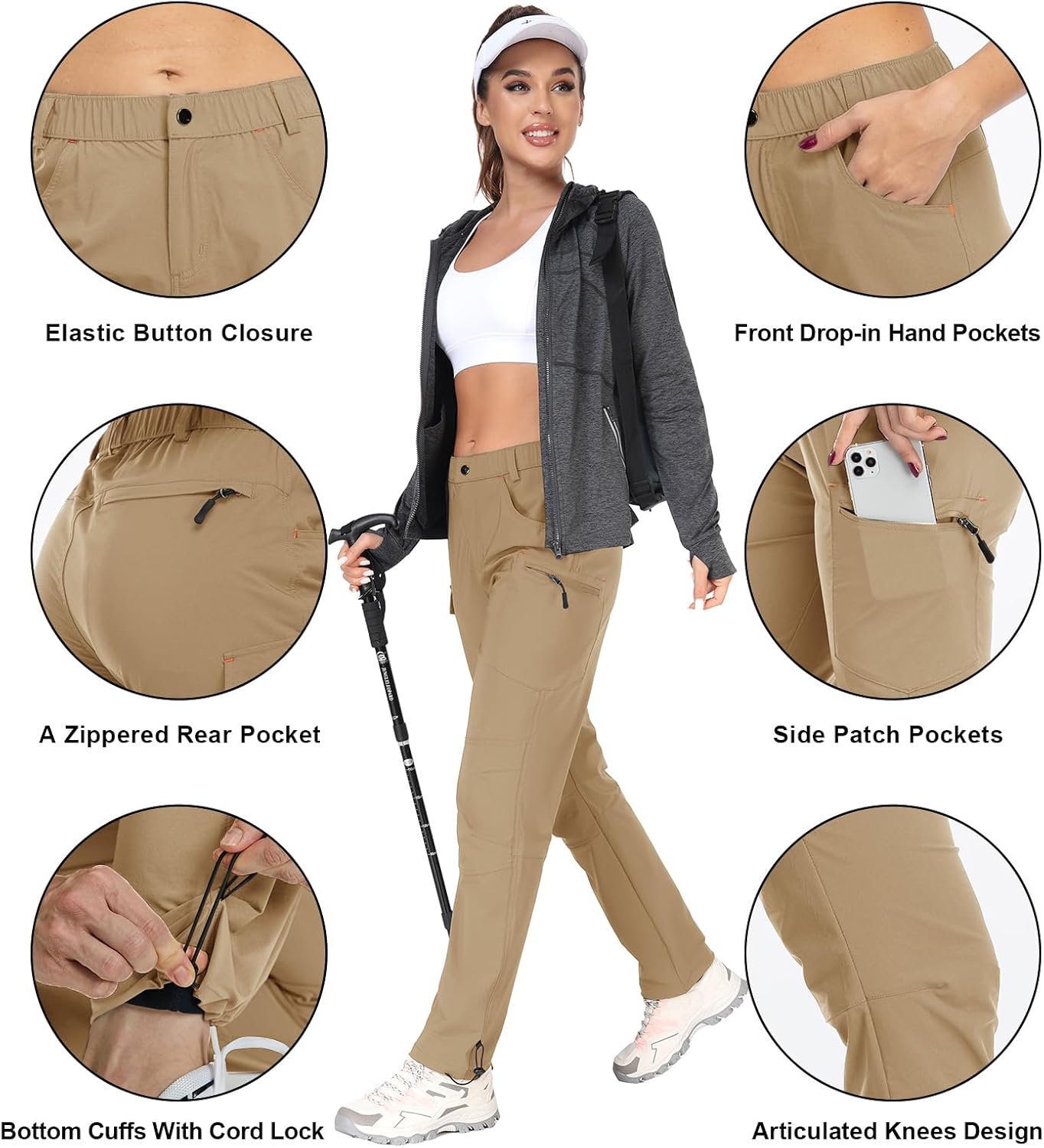 GymBrave Women's Hiking Cargo Pants Quick Dry Outdoor Camping Capris Water Resistant UPF 50 with Zipper Pockets