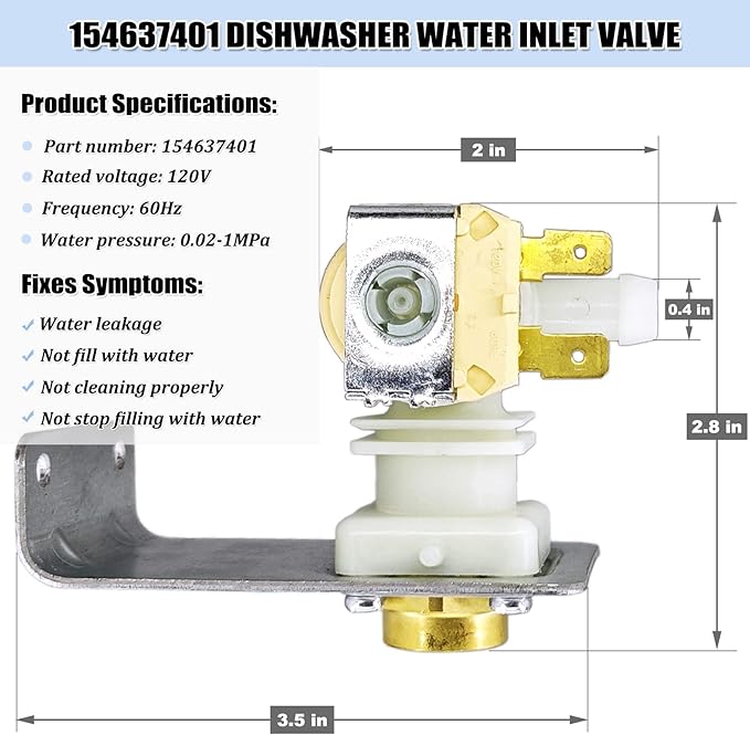 154637401 Dishwasher Water Inlet Valve, Dishwasher Water Valve Assembly Replacement Parts 154219601 154359801 154373301 AH1990907 AP4321824 PS1990907