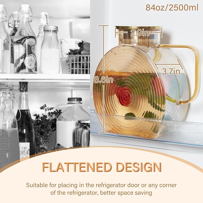 OneDream Glass Pitcher with Lids for Fridge Door, 2.5l/84oz Large Iced Tea Pitcher with Handle, Borosilicate Water Jug for Sun Tea, Fruit Juice, Drinks, Lemonade, Cold or Hot Beverages, Champagne