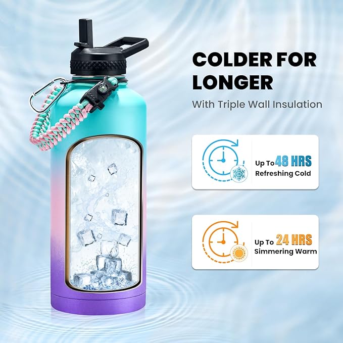 Insulated Water Bottle 87 oz, Triple Wall Vacuum Stainless Steel (Cold for 48 Hrs), Leak Proof & Non-BPA, Modern Water Flask Jug with Paracord Handle & Straw Spout Lids, Hydrangea-FlexoryFit