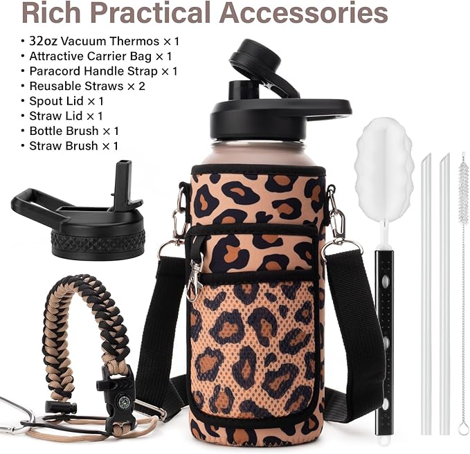 Insulated Water Bottle | Thickened Stainless Steel Vacuum Metal | Portable Sports Water Jug for Gym and Hiking with Straw, Carrier Bag, Handle Strap | BPA-Free 32 oz-FlexoryFit