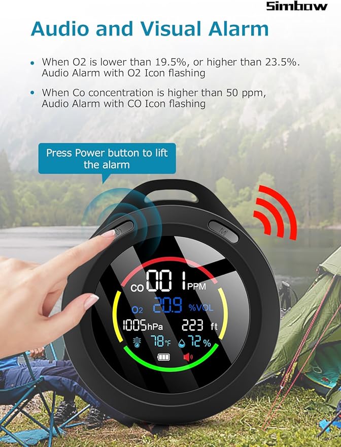 CF-5R Portable Carbon Monoxide Detectors, 6-in-1 CO Detector, Air Quality Monitor with Altimeter, Barometer, Temperature, Humidity Monitor for Hiking, Campimg and Outdoor Activitists