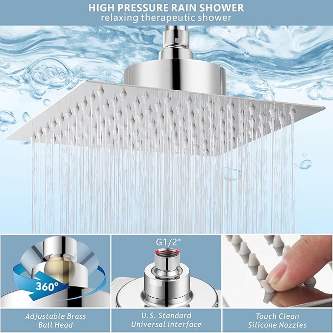 High Pressure Rain Shower Head with Filtered - 8" All Metal Square Showerhead Filter for Remove Chlorine and Harmful Substances, Chrome