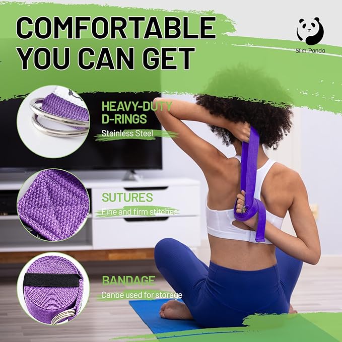 Slim Panda Yoga Strap for Stretching,Cotton Yoga Strap with Adjustable D-Ring Buckle,Non-Elastic Yoga Belt for Pilates,Gym Workouts,Physical Therapy,Improve Flexibility-FlexoryFit