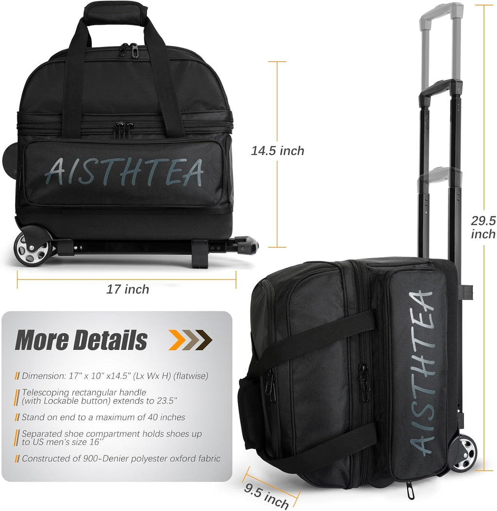 2-3 Ball Bowling Bag with Wheels, Rolling Trolley Bowling Bags with Large Separate Shoe Compartment and Oversized Accessory Pocket