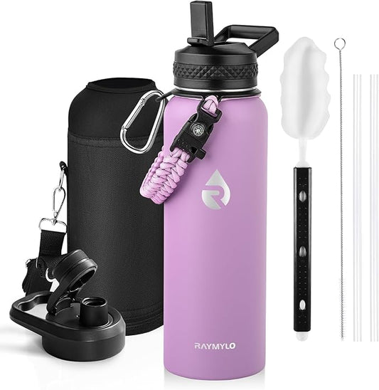 Insulated Water Bottle 40 oz, Triple Wall Vacuum Stainless Steel (Cold for 48 Hrs), Leak Proof & Non-BPA, Modern Water Flask Jug with Paracord Handle & Straw Spout Lids, Lilac-FlexoryFit