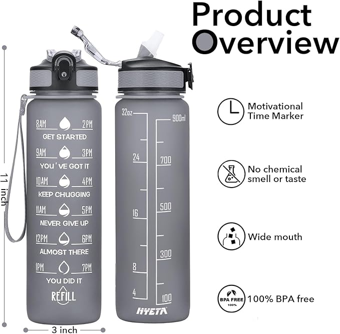 Hyeta 32 oz Water Bottles with Times to Drink and Straw, Motivational Water Bottle with Time Marker, Leakproof, Drinking Sports Water Bottle for Fitness, Gym and Outdoor-FlexoryFit