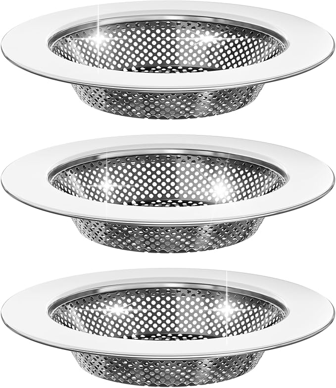 Sink Drain Strainer, Stainless Steel Kitchen Sink Drain Strainer, Dishwasher Safe, Sink Strainer Outer Diameter 4.4 Inch/11.2cm, Inner Diameter 3 Inch/7.6cm, Set of 3 Kitchen Sink Strainer