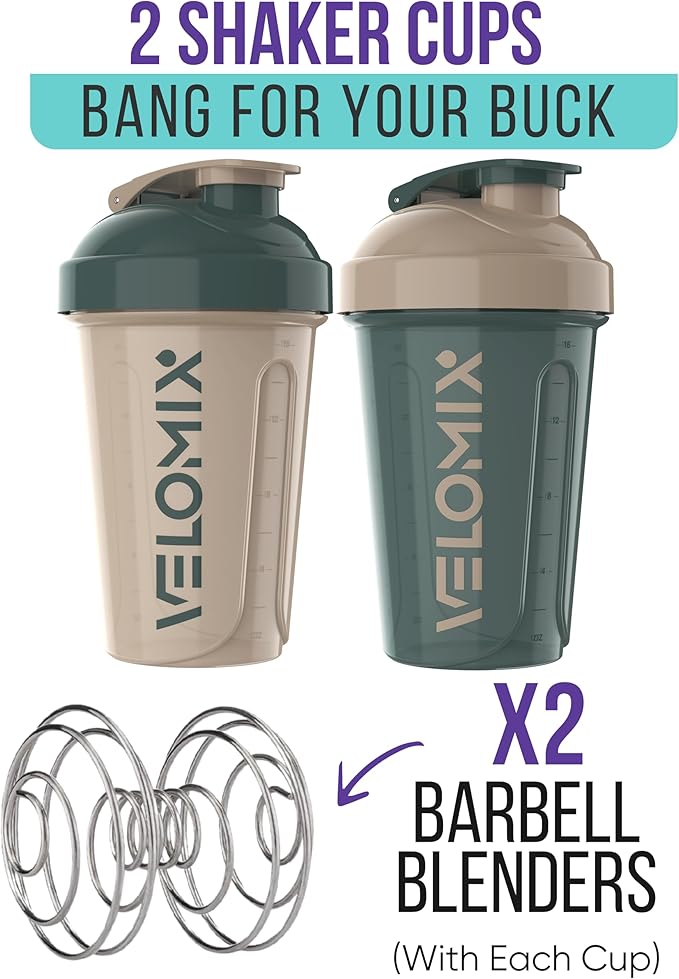 '-2 Pack- 20 oz Protein Shaker Bottles for Protein Mixes, 2x Wire Whisk, Leak Proof Shaker Cups for Protein Shakes and Pre Workout, Protein Shaker Bottle Pack, Protein Mixer Cup(Blue&Beige)-FlexoryFit