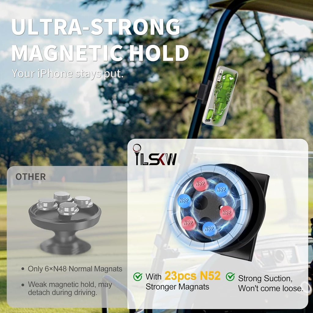 Magnetic Golf Cart Phone Holder Work with Magsafe iPhone 16-12 Series and All Phones, Fits Yamaha, EZGO, Club Car Golf Cart, Alloy Strong Magnetic Phone Mount for Gym, Kitchen, with Metal Ring