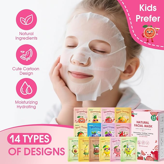 14 Pack Fruit Face Masks Skincare for Kids, Sheet Hydrating Facial Mask for All Skin Types, Bulk Collagen Face Mask for Women Skin Care, Birthday Party Spa Gifts for Teens Girls-FlexoryFit