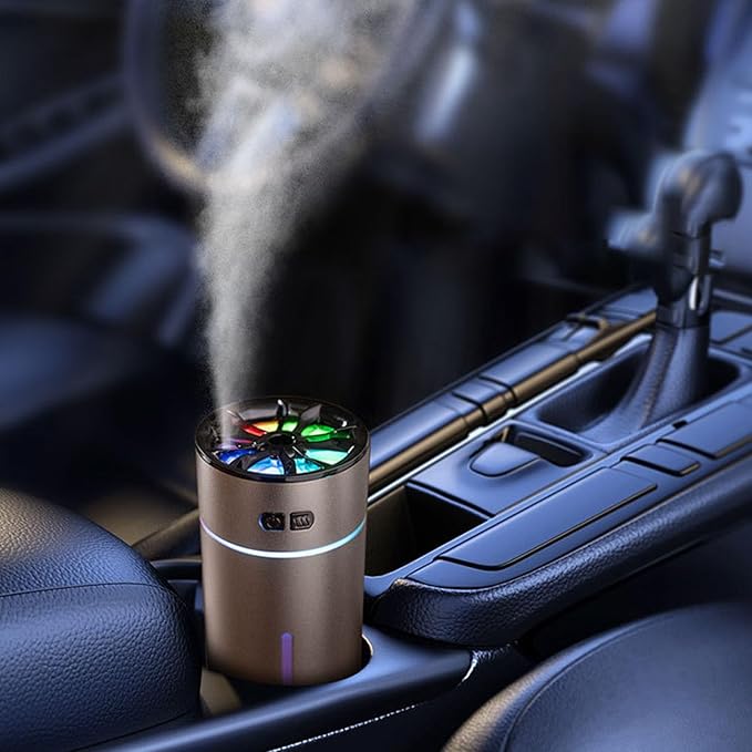 Portable Dual Spray Aromatherapy Diffuser and Humidifier with 300ml Water Tank for Smart Car Air Freshening (Gold)
