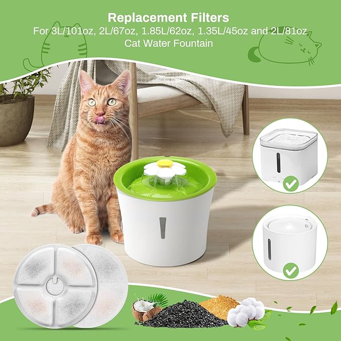 6 Pack Cat Water Fountain Filters, GISOFIK Pet Water Fountain Filters, Triple Filtration Replacement Filters for Most 3L and 2L Flower Cat Drinking Water Fountains(5.5 inch Diameter)