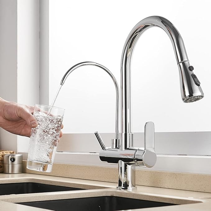 MENATT 2 Handle Kitchen Sink Faucet with Dringking Water Faucet, Pull Down Sprayer 3 in 1 Water Filter Purifier Faucets (Chrome)