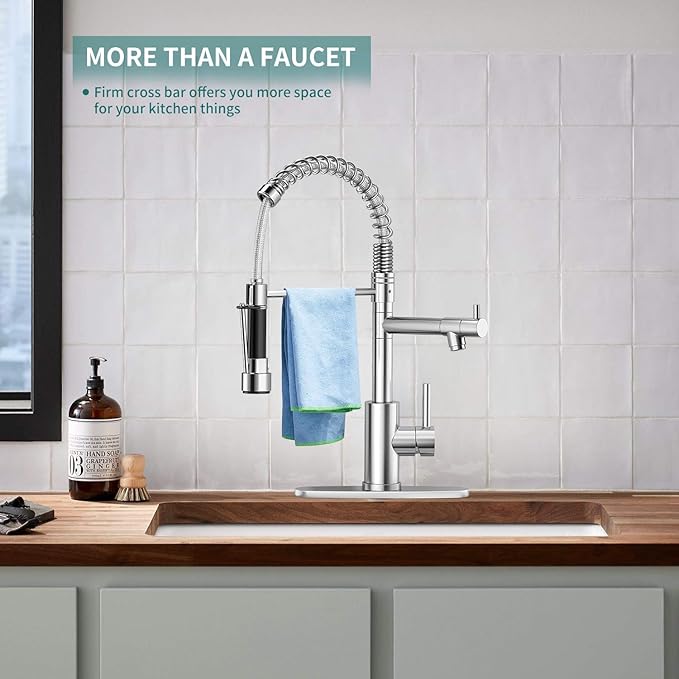 Commercial Pull-Down Kitchen Sink Faucet - Single Handle, Dual Spout, Stainless Steel, with Countertop & Sprayer (Chrome-03)