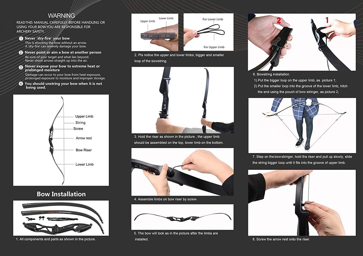 TOPARCHERY Archery 56" Takedown Hunting Recurve Bow Metal Riser Right Hand Black Longbow