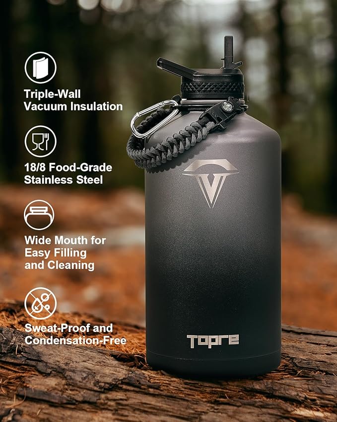 128 oz Insulated Water Bottle,One Gallon Water Flask Stainless Steel Vacuum, Cold for 48 Hrs,BPA-Free & Leakproof -with Paracord Handle, Strap,Straw Spout Lids,Large Jug for Gym,Grey-FlexoryFit