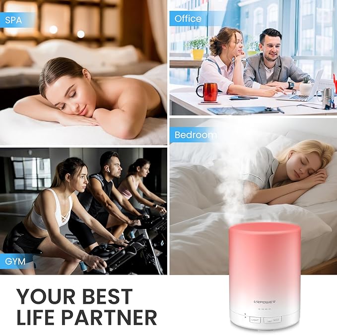 URPOWER 300ml Aromatherapy Essential Oil Diffuser Ultrasonic Air Humidifier AUTO Shut Off Scent Diffuser Night Light 7 Color Changing LED Lights and 4 Timer Settings for Bedroom Office Home