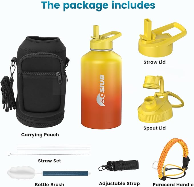 Insulated Water Bottle 87 oz, Triple Wall Vacuum Stainless Steel(Cold for 48 Hrs),Leak Proof & BPA-Free,One Gallon Water Bottle with Reflective Paracord & Flip Straw for Sports & Travel, Sunset-FlexoryFit