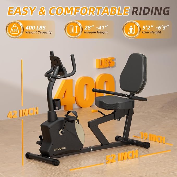VANSWE Recumbent Exercise Bike, Recumbent Stationary Bikes for Home 400 LBS Weight Capacity, Exercise Bike for Home Seniors with Smart App and Bluetooth Connectivity, LED Display, Pulse Handle-FlexoryFit