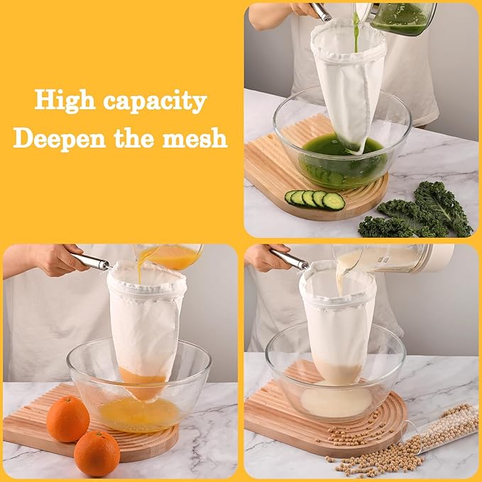 WMKGG Ultra Fine Mesh Strainer Bags,Cheese Cloth Bag for Straining, with Stainless Steel Handle Frame for Juices,Nut Milk,Fresh Cheese,Yogurt (Large Size)(9.15"Wx13.6"D)