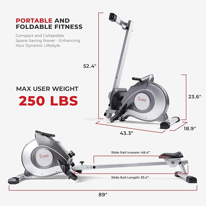 Sunny Health & Fitness Flip & Foldable Rowing Machine for Home w/Extended Slide Rail, Full-Body Workout, Low-Impact, Optional Extra Long Rail, Quiet Rail Cover, Water Motion and Free SunnyFit App-FlexoryFit
