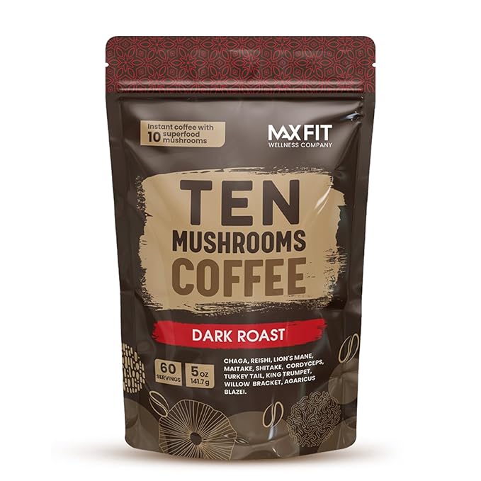 Instant Mushroom Coffee Dark Roast (60 Servings) With 10 Mushrooms (Lions Mane, Cordyceps, Turkey Tail & Other) Mixed With Gourmet 100% Arabica Instant Coffee for Focus & Gut Health Support-FlexoryFit