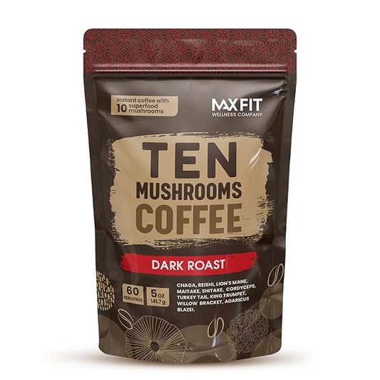 Instant Mushroom Coffee Dark Roast (60 Servings) With 10 Mushrooms (Lions Mane, Cordyceps, Turkey Tail & Other) Mixed With Gourmet 100% Arabica Instant Coffee for Focus & Gut Health Support-FlexoryFit