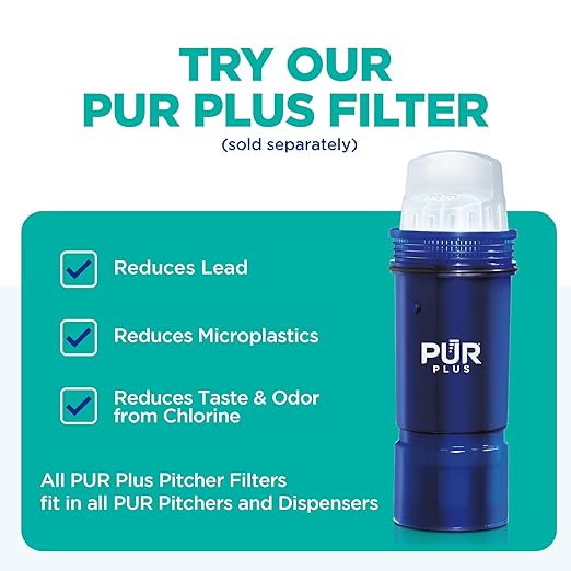 PUR Water Filter Pitcher Slim design 8 Cup capacity with 1 filter, dishwasher safe, faster filtration, water purifier pitcher for cleaner, great tasting water, ideal for compact space, dorm room, Blue