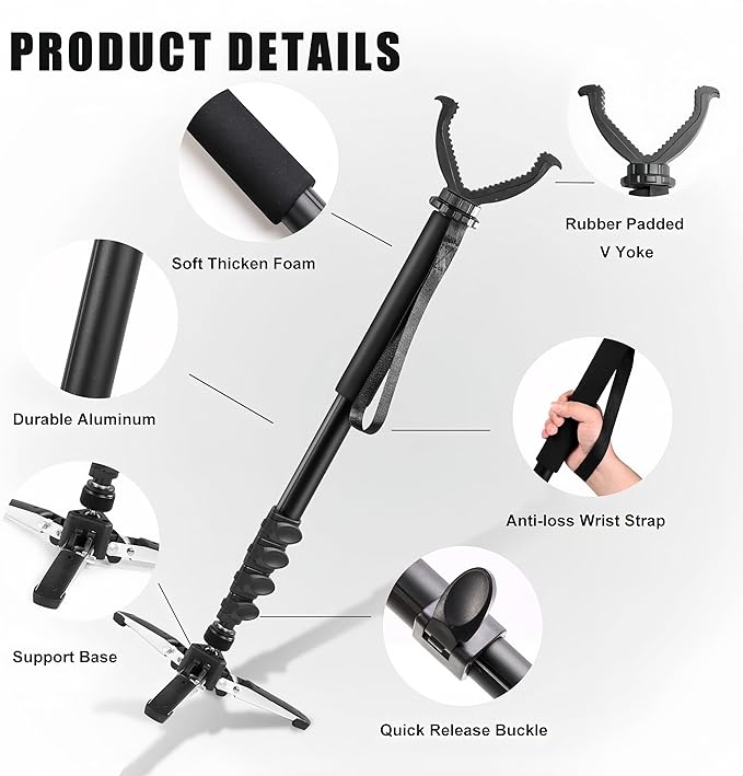 Shooting Stick with V Yoke, 22-62 inches Adjustable Aluminum Shooting Monopod for Hunting Rifles