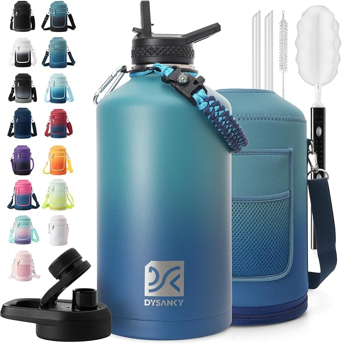 1 Gallon Water Bottle Insulated | Thickened Stainless Steel Vacuum Metal Water Jug | Portable Sports Large for Gym and Hiking with Straw, Carrier Bag, Handle Strap | BPA-Free 128 oz-FlexoryFit