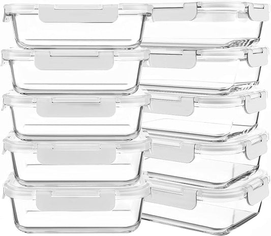 10 Packs 30 oz Glass Meal Prep Containers,Glass Food Storage Containers with Lids,Airtight Glass Lunch Bento Boxes,Microwave, Oven, Freezer and Dishwasher,White-FlexoryFit