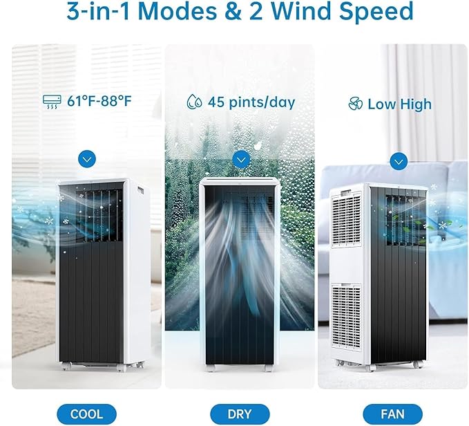 8000 BTU Portable Air Conditioner for Rooms up to 350 Sq.Ft, 3-in-1 Cooling, Dehumidifier & Fan with Quiet Operation, Efficient Cooling, Sleep Mode, 24-Hour Timer & Remote Control, Dark grey