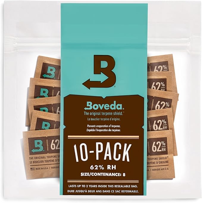 Boveda 62% RH Size 8-10 Pack Two-Way Humidity Control Packs - for Storing 1 oz - Moisture Absorber for Small Storage Containers - Humidifier Packs - Hydration Packets w/Resealable Bag
