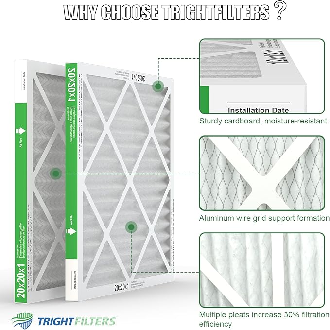 20x20x1 Air Filter 6 Pack, Durable MERV 8 Pleated Home HVAC AC Furnace Filters, Lightweight Compact Air Conditioner Filter Replacement