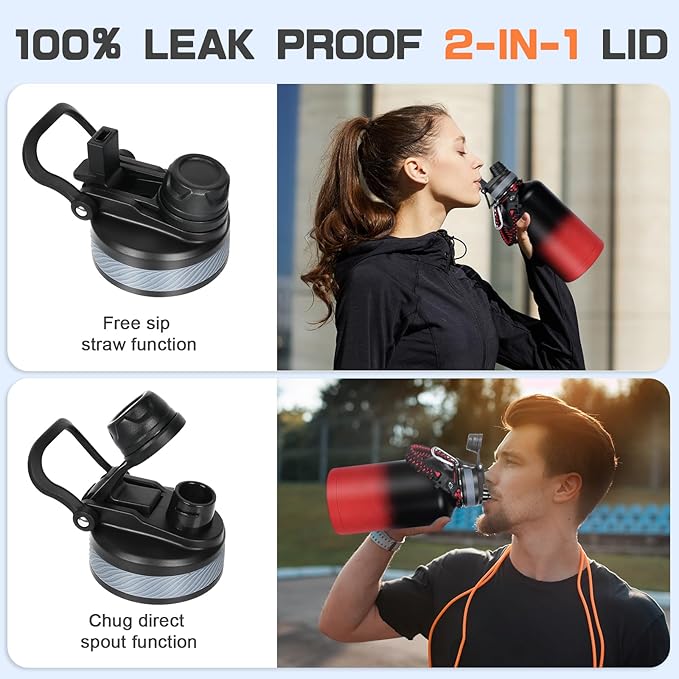Insulated Water Bottle 64 oz, Half Gallon Water Jug Cold 48H, BPA Free Stainless Steel Bottles with Straw/Chug 2-in-1 Lid, Bag, Paracord Handle, Silicone Boot, Sports Gym School Metal Flask-FlexoryFit