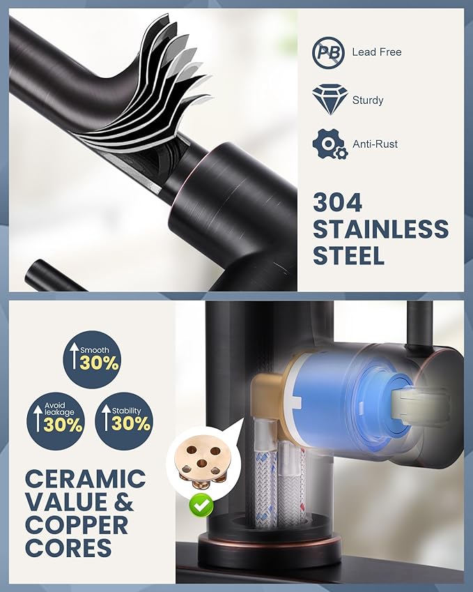 Kitchen Faucet with Air Gap: WOWOW Stainless Steel Kitchen Sink Faucet and Dishwasher Air Gap Kits for Kitchen Sink 2 or 4 Hole, Oil Rubbed Bronze Kitchen Faucet Combo with Sprayer