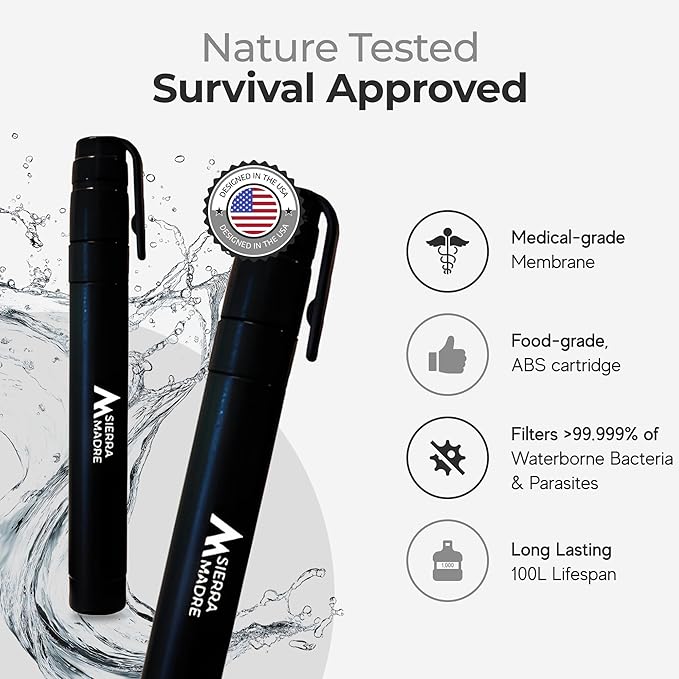 Sierra Madre Pure Water Straw – 264 Gallon Water Filter Purification for Backpacking, Camping, Hiking, Travel - Perfect for Preparedness Survival Gear & Supplies - Portable & Lightweight (Pack 5)
