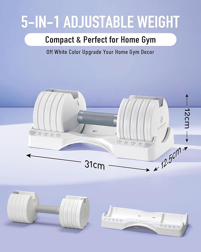Adjustable Dumbbell – 12.5/25lb Single Unit OR Set of 2 – 5-in-1 Adjustable Weight for Home Gym, Strength Training & Fitness Workouts, White OR Black-FlexoryFit