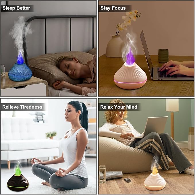 Colorful Fire Flame Diffuser: Ultra-Quiet 160ml Volcano Humidifier Aromatherapy Essential Oil Cool Mist Diffusers with 7 Flame Colors Timeable for Bedroom, Office (White)