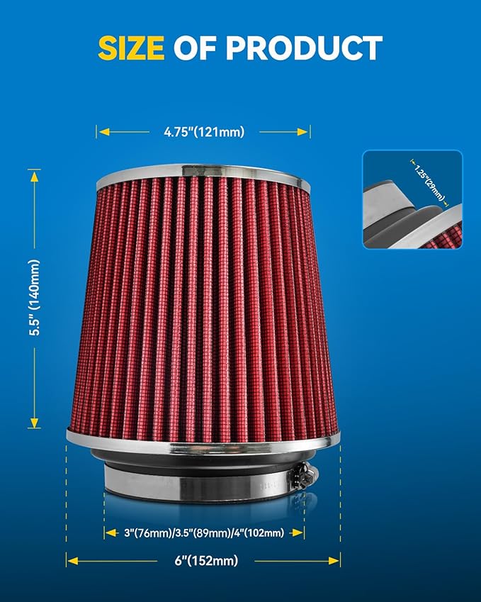 PHILTOP Universal Clamp-On Air Intake Filter, Replacement Air Filter High Flow Air Filter 4-Inch Round Tapered Air Intake Filter - Washable, High Performance, 3" or 3.5" or 4" adjustable fitting